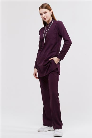 Happiness Modest - Likralı Doktor Hemşire Tesettür Forma Takımı Scrubs Üniforma Cerrahi Takım, Mürdüm