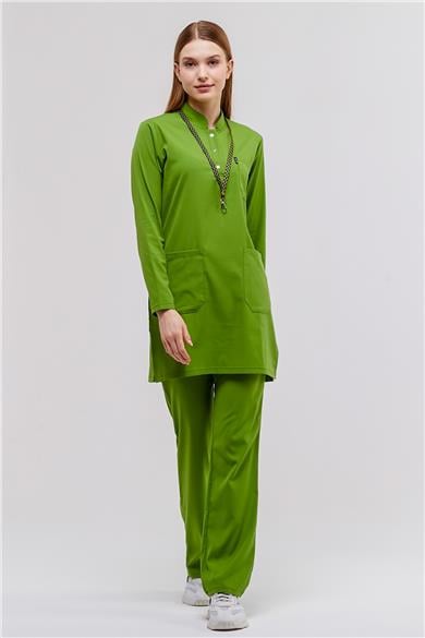 Happiness Modest - Likralı Doktor Hemşire Tesettür Forma Takımı Scrubs Üniforma Cerrahi Takım, Fıstık Yeşili