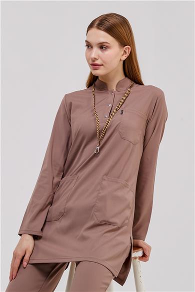 Happiness Modest - Likralı Doktor Hemşire Tesettür Forma Takımı Scrubs Üniforma Cerrahi Takım, Taş Beji