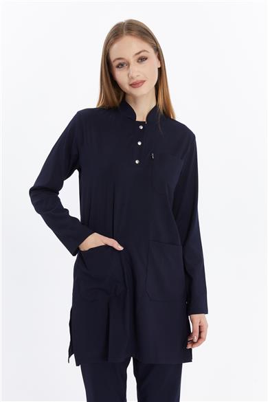 Happiness Modest - Likralı Doktor Hemşire Tesettür Forma Takımı Scrubs Üniforma Cerrahi Takım, Lacivert