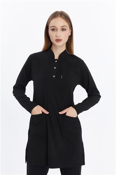 Happiness Modest - Likralı Doktor Hemşire Tesettür Forma Takımı Scrubs Üniforma Cerrahi Takım, Siyah