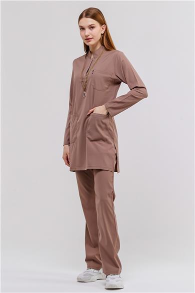 Happiness Modest - Likralı Doktor Hemşire Tesettür Forma Takımı Scrubs Üniforma Cerrahi Takım, Taş Beji