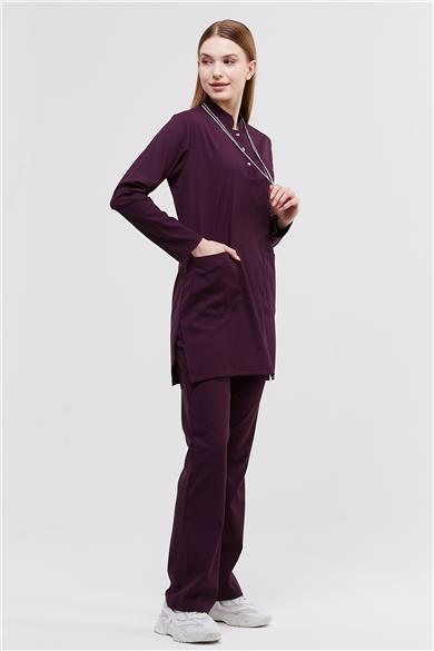 Happiness Modest - Likralı Doktor Hemşire Tesettür Forma Takımı Scrubs Üniforma Cerrahi Takım, Mürdüm