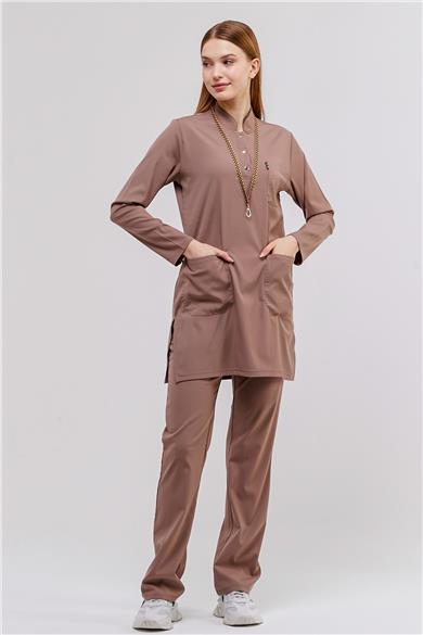 Happiness Modest - Likralı Doktor Hemşire Tesettür Forma Takımı Scrubs Üniforma Cerrahi Takım, Taş Beji