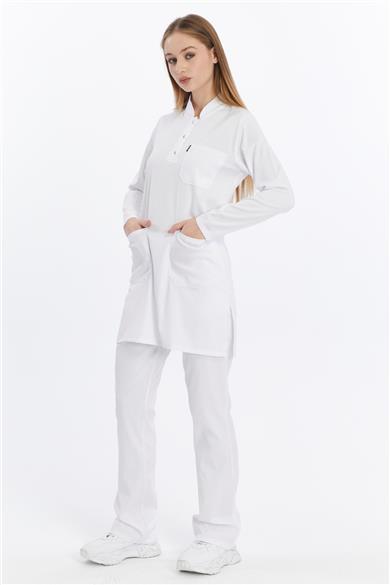 Happiness Modest - Likralı Doktor Hemşire Tesettür Forma Takımı Scrubs Üniforma Cerrahi Takım, Beyaz