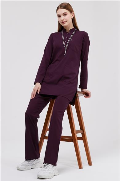 Happiness Modest - Likralı Doktor Hemşire Tesettür Forma Takımı Scrubs Üniforma Cerrahi Takım, Mürdüm