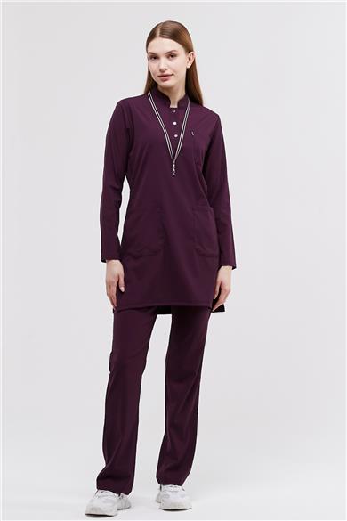 Happiness Modest - Likralı Doktor Hemşire Tesettür Forma Takımı Scrubs Üniforma Cerrahi Takım, Mürdüm