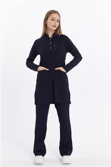 Happiness Modest - Likralı Doktor Hemşire Tesettür Forma Takımı Scrubs Üniforma Cerrahi Takım, Lacivert