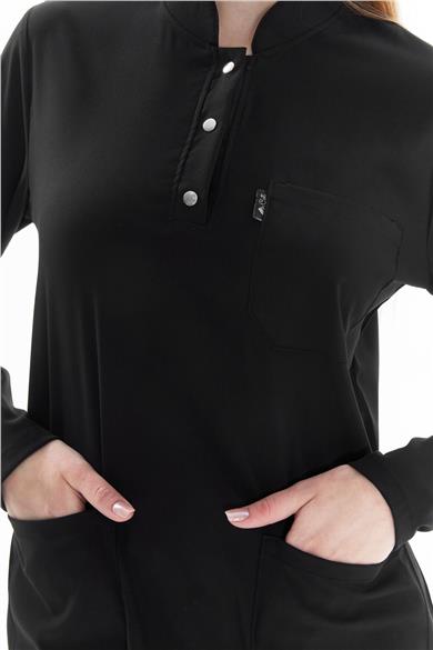 Happiness Modest - Likralı Doktor Hemşire Tesettür Forma Takımı Scrubs Üniforma Cerrahi Takım, Siyah