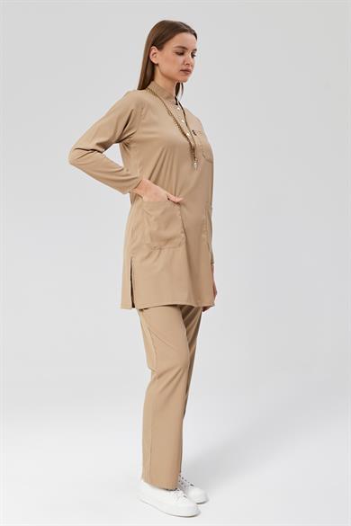 Happiness Modest - Likralı Doktor Hemşire Tesettür Forma Takımı Scrubs Üniforma Cerrahi Takım, Bej