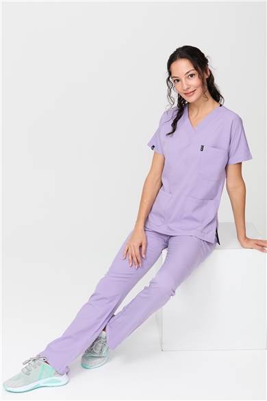 Happiness Spaniard - Likralı Doktor Hemşire Forma Takımı Scrubs Üniforma Cerrahi Takım (KADIN), Lila