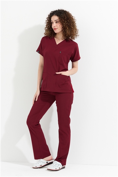 Happiness Spaniard - Likralı Doktor Hemşire Forma Takımı Scrubs Üniforma Cerrahi Takım (KADIN), Bordo