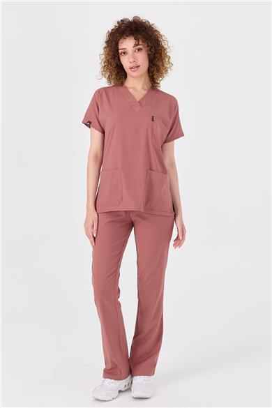 Happiness Spaniard - Likralı Doktor Hemşire Forma Takımı Scrubs Üniforma Cerrahi Takım (KADIN), Bisküvi