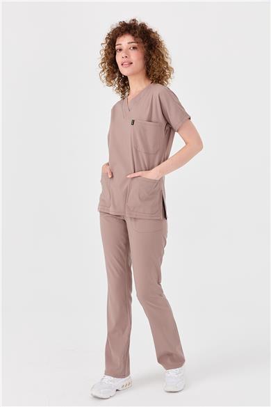 Happiness Spaniard - Likralı Doktor Hemşire Forma Takımı Scrubs Üniforma Cerrahi Takım (KADIN), Taş Beji