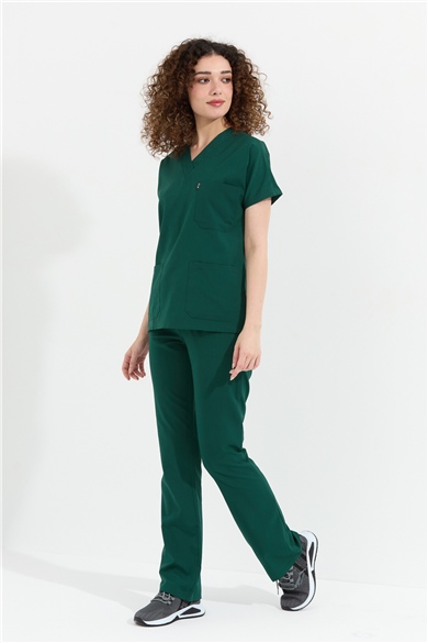 Happiness Spaniard - Likralı Doktor Hemşire Forma Takımı Scrubs Üniforma Cerrahi Takım (KADIN), Koyu Yeşil
