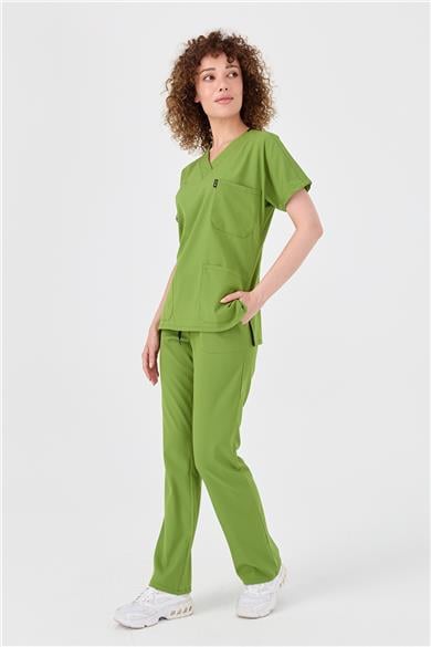Happiness Spaniard - Likralı Doktor Hemşire Forma Takımı Scrubs Üniforma Cerrahi Takım (KADIN), Fıstık Yeşili