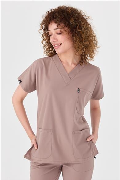 Happiness Spaniard - Likralı Doktor Hemşire Forma Takımı Scrubs Üniforma Cerrahi Takım (KADIN), Taş Beji