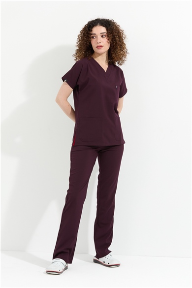 Happiness Spaniard - Likralı Doktor Hemşire Forma Takımı Scrubs Üniforma Cerrahi Takım (KADIN), Mürdüm