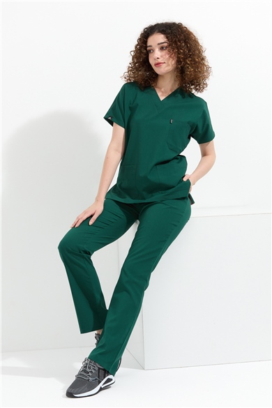 Happiness Spaniard - Likralı Doktor Hemşire Forma Takımı Scrubs Üniforma Cerrahi Takım (KADIN), Koyu Yeşil