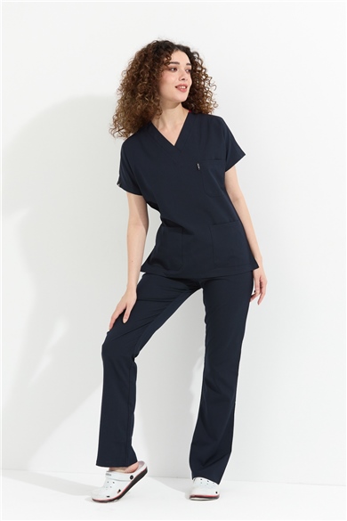 Happiness Spaniard - Likralı Doktor Hemşire Forma Takımı Scrubs Üniforma Cerrahi Takım (KADIN), Lacivert