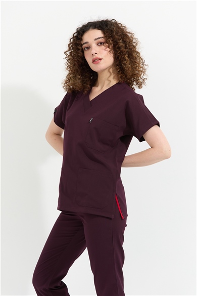 Happiness Spaniard - Likralı Doktor Hemşire Forma Takımı Scrubs Üniforma Cerrahi Takım (KADIN), Mürdüm