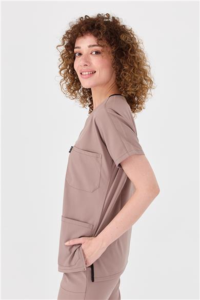 Happiness Spaniard - Likralı Doktor Hemşire Forma Takımı Scrubs Üniforma Cerrahi Takım (KADIN), Taş Beji