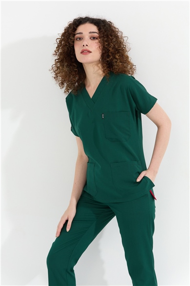 Happiness Spaniard - Likralı Doktor Hemşire Forma Takımı Scrubs Üniforma Cerrahi Takım (KADIN), Koyu Yeşil