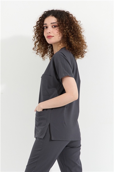 Happiness Spaniard - Likralı Doktor Hemşire Forma Takımı Scrubs Üniforma Cerrahi Takım (KADIN), Antrasit