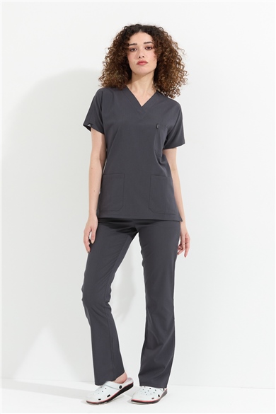 Happiness Spaniard - Likralı Doktor Hemşire Forma Takımı Scrubs Üniforma Cerrahi Takım (KADIN), Antrasit