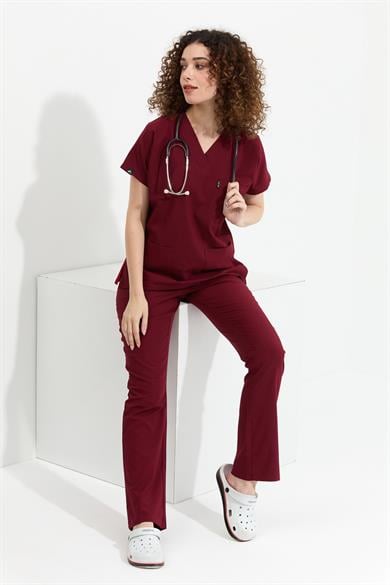Happiness Spaniard - Likralı Doktor Hemşire Forma Takımı (KADIN), Bordo
