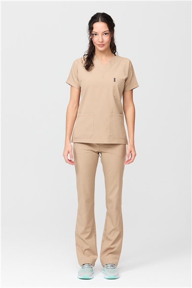 Happiness Spaniard - Likralı Doktor Hemşire Forma Takımı Scrubs Üniforma Cerrahi Takım (KADIN), Bej