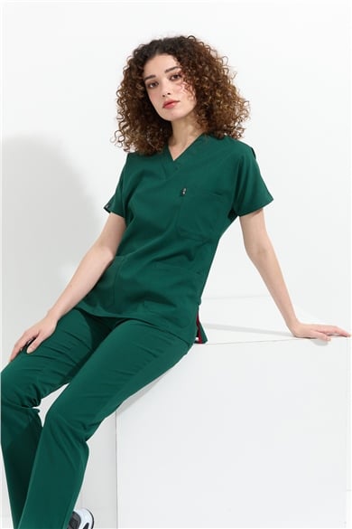 Happiness Spaniard - Likralı Doktor Hemşire Forma Takımı Scrubs Üniforma Cerrahi Takım (KADIN), Koyu Yeşil