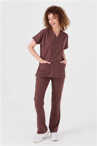 Happiness Spaniard - Likralı Doktor Hemşire Forma Takımı Scrubs Üniforma Cerrahi Takım (KADIN), Çikolata Kahve