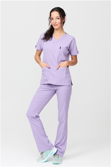 Happiness Spaniard - Likralı Doktor Hemşire Forma Takımı Scrubs Üniforma Cerrahi Takım (KADIN), Lila