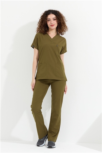 Happiness Spaniard - Likralı Doktor Hemşire Forma Takımı Scrubs Üniforma Cerrahi Takım (KADIN), Haki