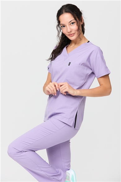 Happiness Spaniard - Likralı Doktor Hemşire Forma Takımı Scrubs Üniforma Cerrahi Takım (KADIN), Lila