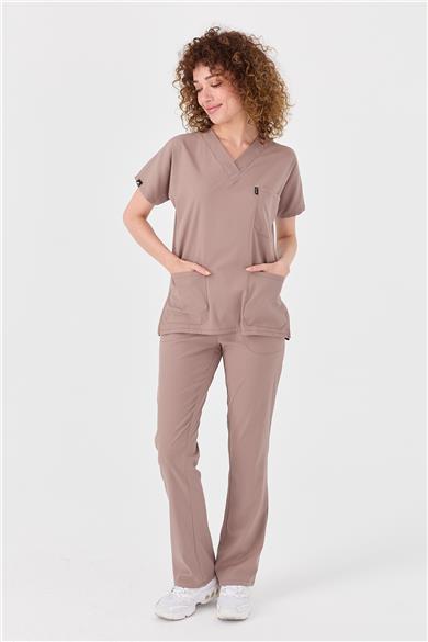 Happiness Spaniard - Likralı Doktor Hemşire Forma Takımı Scrubs Üniforma Cerrahi Takım (KADIN), Taş Beji