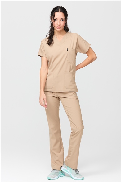 Happiness Spaniard - Likralı Doktor Hemşire Forma Takımı Scrubs Üniforma Cerrahi Takım (KADIN), Bej