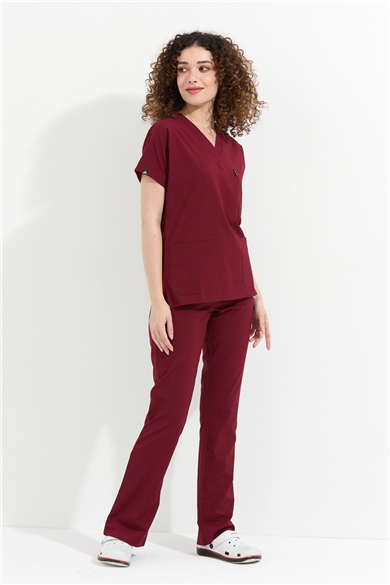Happiness Spaniard - Likralı Doktor Hemşire Forma Takımı Scrubs Üniforma Cerrahi Takım (KADIN), Bordo