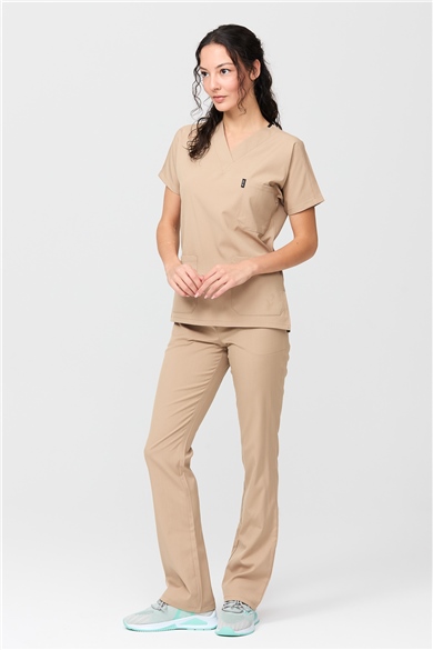 Happiness Spaniard - Likralı Doktor Hemşire Forma Takımı Scrubs Üniforma Cerrahi Takım (KADIN), Bej