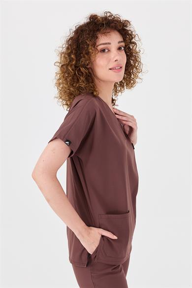 Happiness Spaniard - Likralı Doktor Hemşire Tek Üst Forma (KADIN), Çikolata Kahve