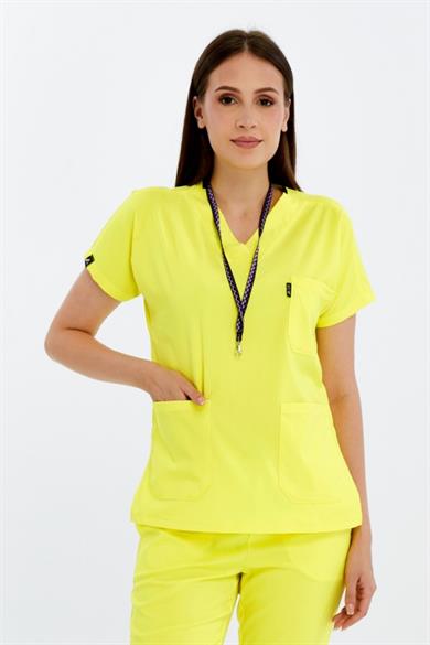 Happiness Spaniard - Likralı Doktor Hemşire Tek Üst Forma (KADIN), Limon Sarısı