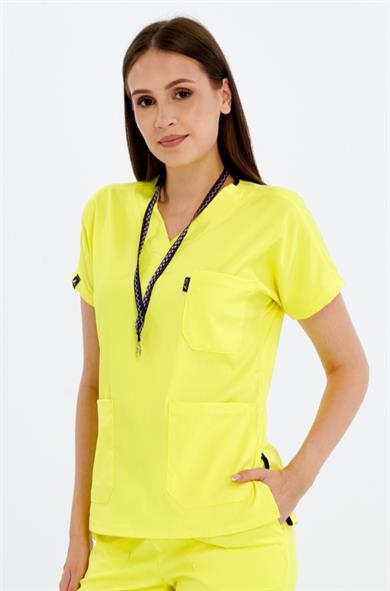 Happiness Spaniard - Likralı Doktor Hemşire Tek Üst Forma (KADIN), Limon Sarısı