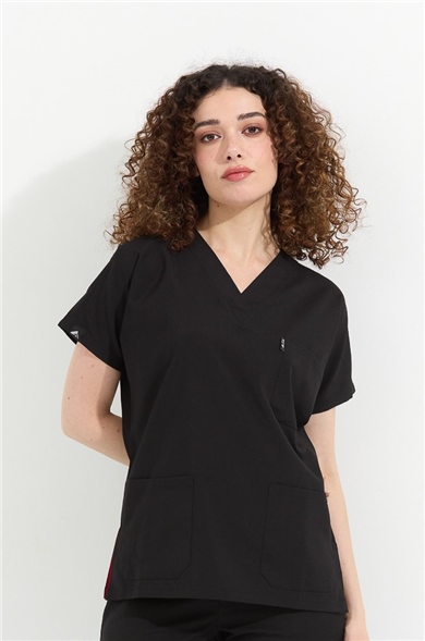 Happiness Spaniard - Likralı Doktor Hemşire Scrubs Tek Üst Cerrahi Forma (KADIN), Siyah