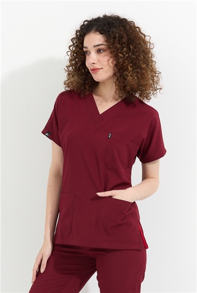 Happiness Spaniard - Likralı Doktor Hemşire Scrubs Tek Üst Cerrahi Forma (KADIN), Bordo