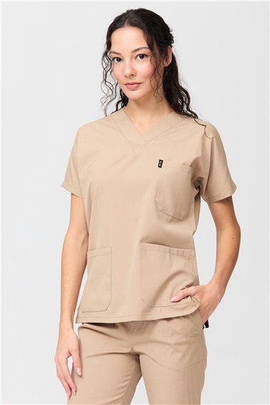Happiness Spaniard - Likralı Doktor Hemşire Scrubs Tek Üst Cerrahi Forma (KADIN), Bej