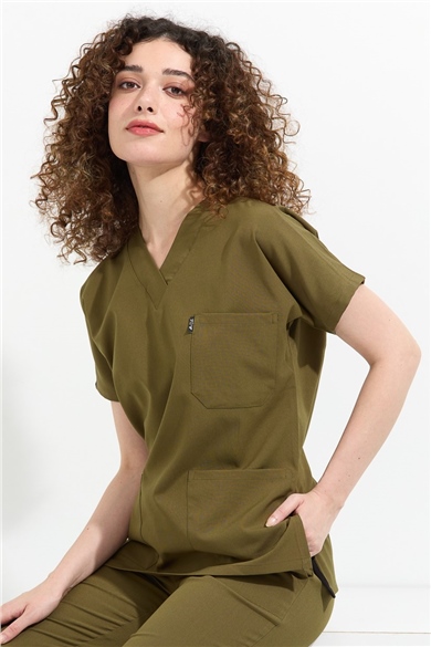 Happiness Spaniard - Likralı Doktor Hemşire Scrubs Tek Üst Cerrahi Forma (KADIN), Haki