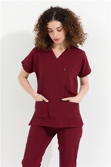 Happiness Spaniard - Likralı Doktor Hemşire Scrubs Tek Üst Cerrahi Forma (KADIN), Bordo