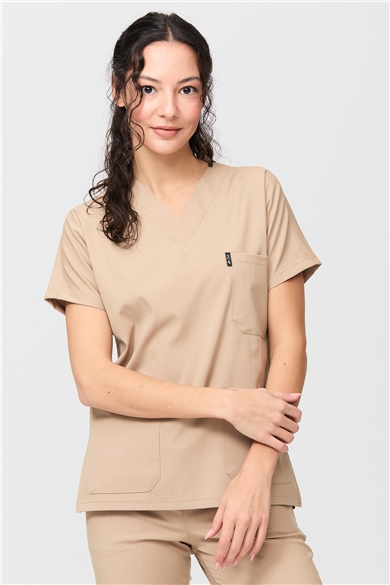 Happiness Spaniard - Likralı Doktor Hemşire Scrubs Tek Üst Cerrahi Forma (KADIN), Bej