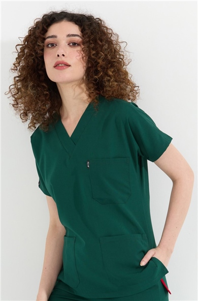 Happiness Spaniard - Likralı Doktor Hemşire Scrubs Tek Üst Cerrahi Forma (KADIN), Koyu Yeşil